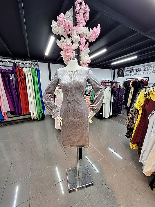 Gri Kadife Pullu Elbise