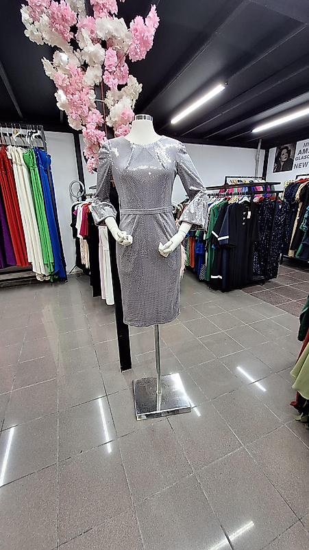 Gri Kadife Pullu Elbise