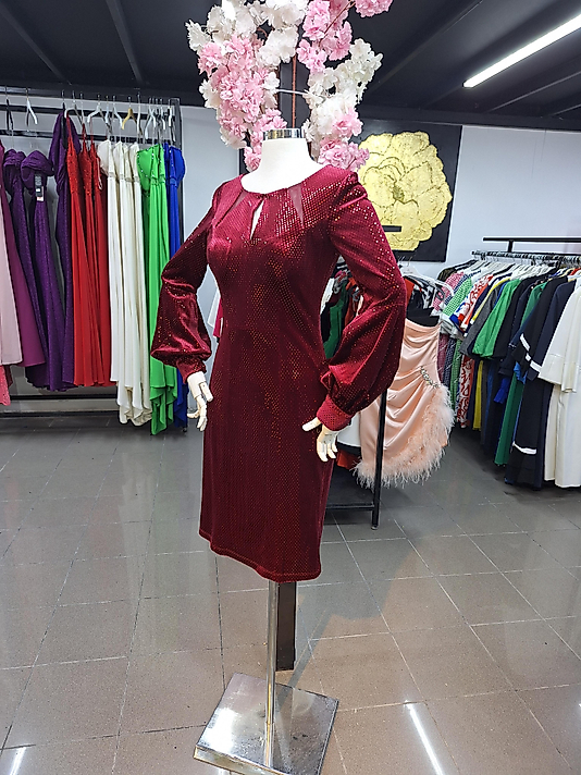 Bordo Kadife Pullu Elbise